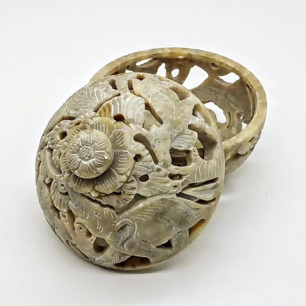 Carved Taupe Soapstone Round Candle Incense Holder
